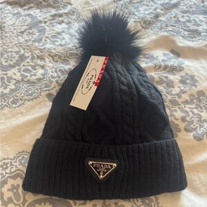 Prada Black Cable Knit Beanie with Pom Pom
